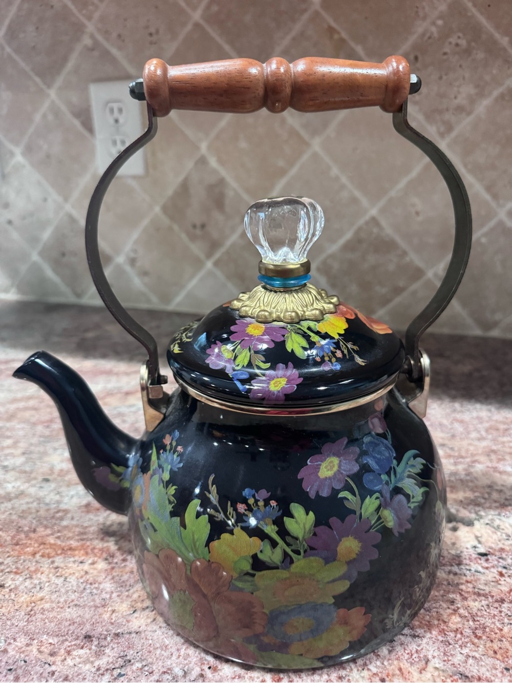 MacKenzie-Childs Black Floral Enamel Kettle with Gold Trim
